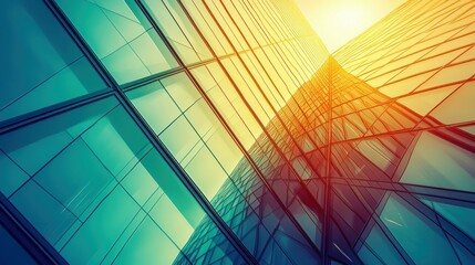 Fototapeta premium Low-angle view reveals a modern skyscraper with striking geometric designs in the sunlight.