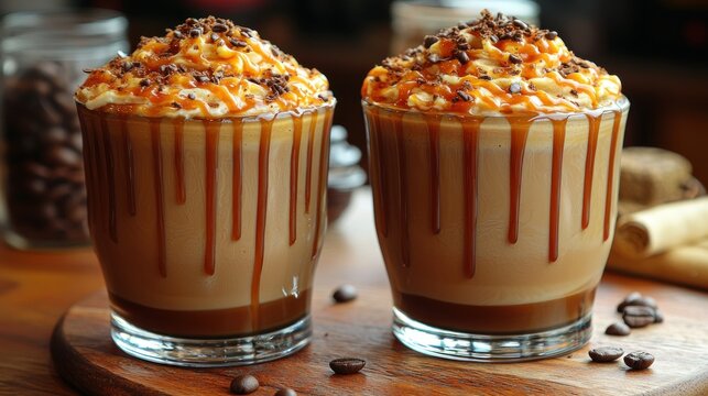 Two coffee drinks topped with cream, caramel drizzle, and chocolate shavings