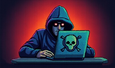 Hacker in hoodie using computer with skull symbol, cyber attack threat concept, dark illustration