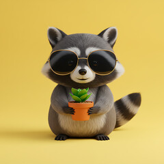 Fototapeta premium Playful Cartoon Raccoon with Sunglasses and Potted Plant on Pastel Yellow Background