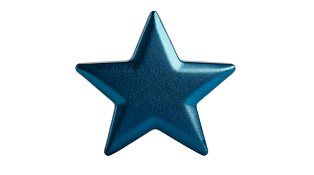Metallic blue five-pointed star against black background, cut out transparent