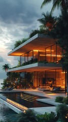 Modern coastal home with lush landscaping, overlooking a tranquil body of water.  Large windows and outdoor living spaces