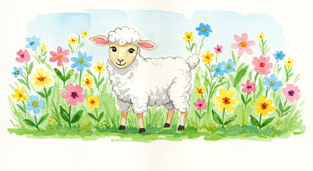 Obraz premium Easter kids pencil drawing, Charming lamb standing among colorful flowers in a sunny field
