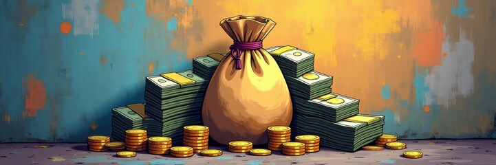 Money bag overflowing with gold coins and banknotes against vibrant painted wall, wealth concept
