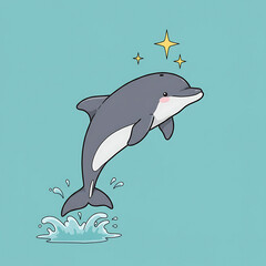 Naklejka premium Delightful Cartoon Dolphin Leaping with Sparkling Star on Light Aqua 
