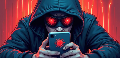 Person in hoodie holding smartphone with virus icon, glowing eyes and red background, concept of digital misinformation and pandemic fear