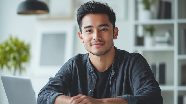 Portrait of remote worker in online video call, white background, clean and focused