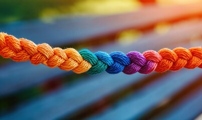 A vibrant braided rope displays a spectrum of colors including orange, green, blue, and purple.