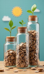 Wallet with golden coins and credit card surrounded by decorative leaves and clouds, financial concept in playful style
