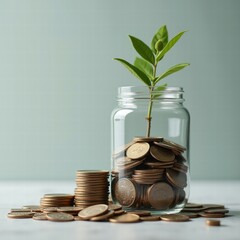 Ascending stacks of gold coins leading to jar filled with savings, visual metaphor for financial growth and accumulation