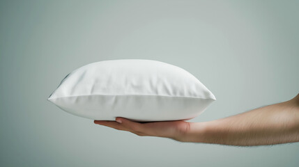 Hand gently holds and fluffs a white pillow against a clean, neutral background, emphasizing simplicity and balance in design