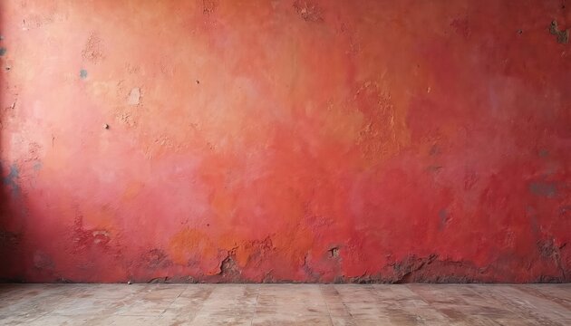 Aged wall rough grain texture. Red pink terracotta shades, resembling oil paint. Surface with weathered peeling paint. Background template for design projects.