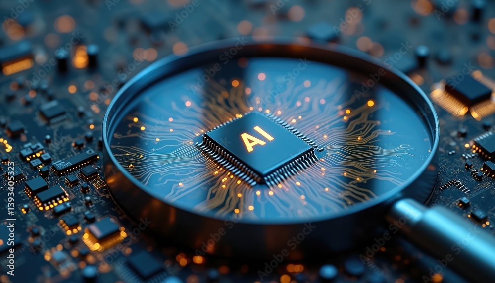 Poster magnifying glass over ai microchip on electric circuit board. artificial intelligence, gpu cloud com