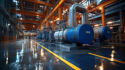 Industrial facility with machinery and pipes.  Large-scale energy production equipment