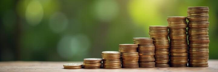 Ascending stacks of gold coins leading to jar filled with savings, visual metaphor for financial growth and accumulation
