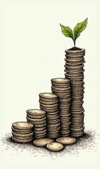 Stacked gold coins arranged in varying heights on yellow background, concept of abundance, wealth and growth