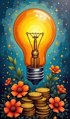 Glowing light bulb surrounded by scattered coins on rustic metal surface, concept of innovation and financial value