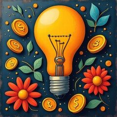 Glowing light bulb surrounded by scattered coins on rustic metal surface, concept of innovation and financial value