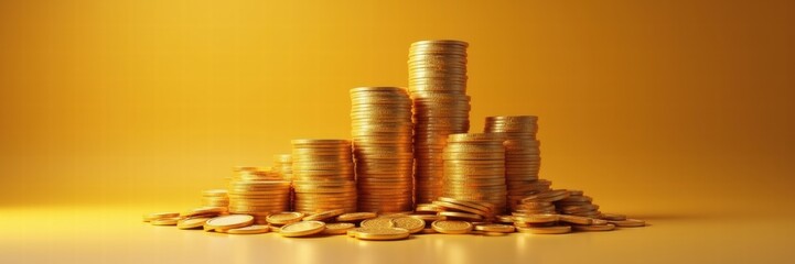 Stacked gold coins arranged in varying heights on yellow background, concept of abundance, wealth and growth