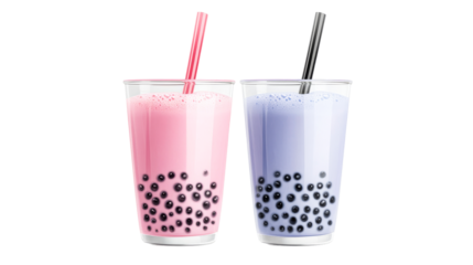 Pink and purple bubble tea, two refreshing milk teas, cut out transparent