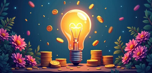 Glowing light bulb surrounded by scattered coins on rustic metal surface, concept of innovation and financial value