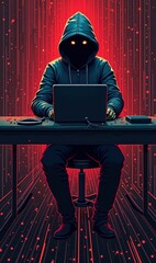 Hacker in dark hoodie using laptop, red cyber background, anonymity concept, digital danger illustration 
