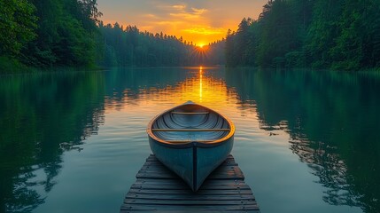 Serene Sunset Voyage: A tranquil rowboat rests on a wooden dock, inviting viewers to embark on a visual journey across a calm lake, illuminated by the vibrant hues of a breathtaking sunset. 