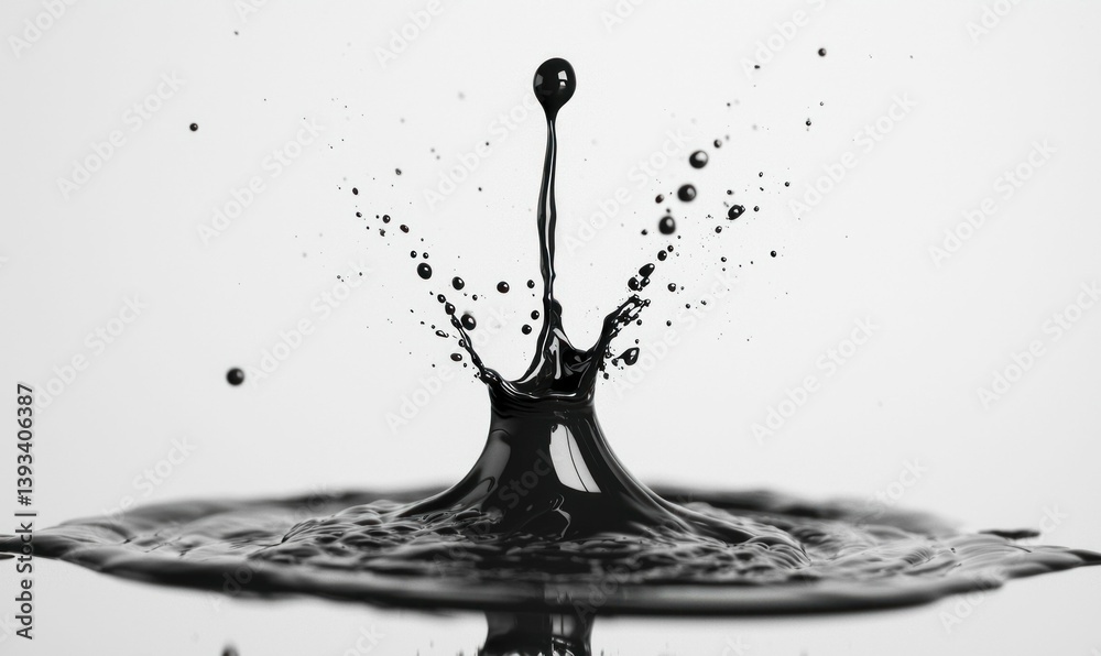 Poster a captivating high-speed shot captures a dark liquid drop splashing, creating intricate ripples and 