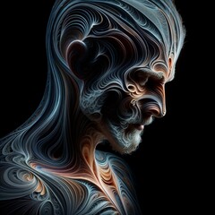 Abstract digital profile of a human head with swirling fluid patterns in blue and orange