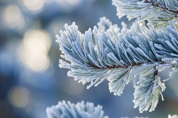 Frost-covered pine needles glisten in the soft winter sunlight, a picturesque winter scene.