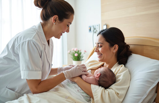 Happy hispanic mother breastfeeding newborn baby in hospital after delivery. Lactation consultant helps nursing mother, providing breastfeeding support. Maternity, post natal care, medical