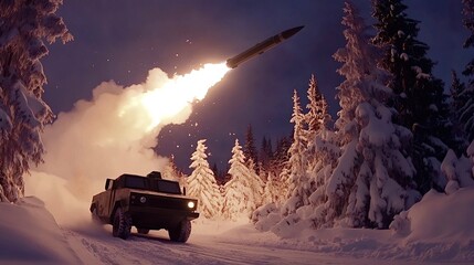 Military vehicle launching missile in snowy forest at night