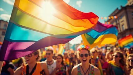 Pride parade celebration with colorful flags and joyful participants under bright sunny skies