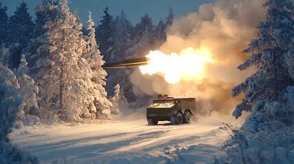 Fototapeta premium Military vehicle launching missile in snowy forest during winter military exercise