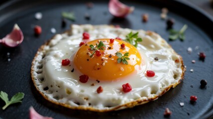 Fried egg sprinkled with spices. The perfect breakfast. A photo with a place for the text.