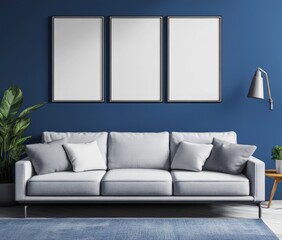Fototapeta premium Modern living room with three blank framed prints