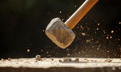 A powerful rock hammer crushes stone, scattering dust in a dynamic display of raw force.