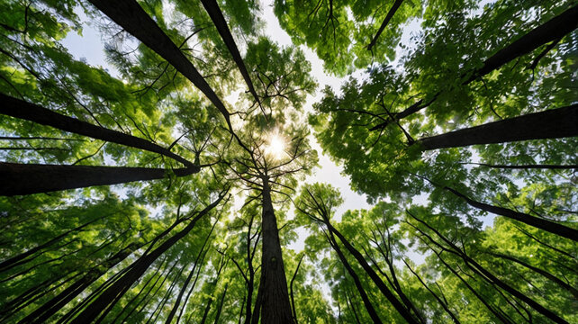 Upward View of Forest Canopy with Sunlight and Tall Trees &ndash; Radial Nature Perspective