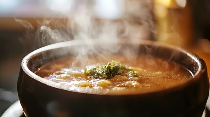 Steaming Soup: A close-up shot of a flavorful bowl of steaming soup, garnished with fresh herbs, evoking warmth and culinary delight.