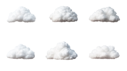 Collection fluffy white clouds on black background, cut out transparent