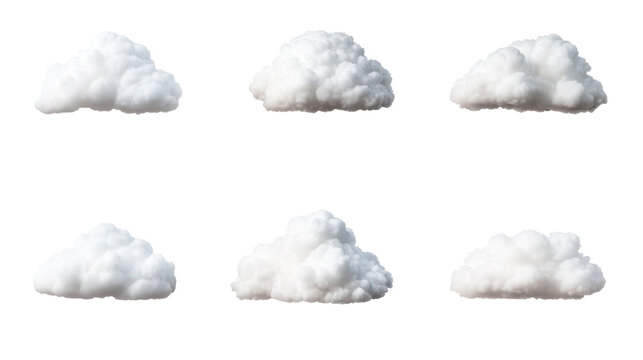 Collection fluffy white clouds on black background, cut out transparent