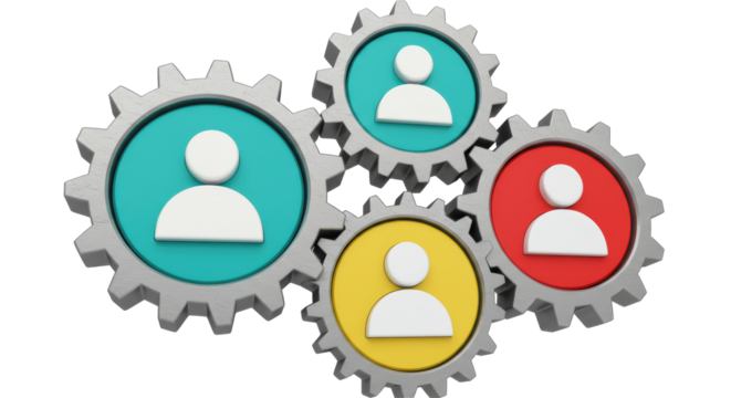 Isolated Interconnected Gears with Person Icons for Teamwork - Powered by Adobe
