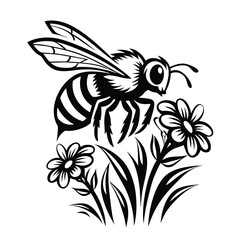 Flying Honeybee Silhouette with Flowers and Grass in Black and White Style