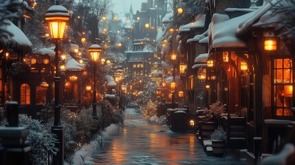 Fototapeta premium Snowy, magical winter town with warm lights