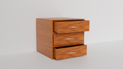 3D model of a small wooden nightstand with open drawers on a white