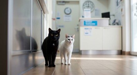 A black and white cat waiting outside a veterinary clinic.