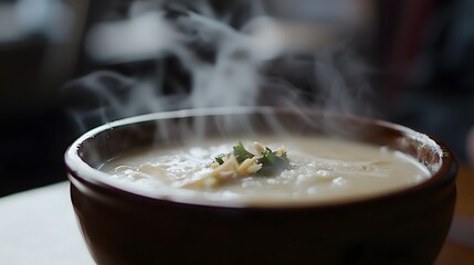 Steaming Bowl of Porridge: A close-up view of a rustic wooden bowl filled with steaming, creamy porridge, adorned with fresh herbs, creating a sense of warmth and comfort.