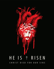 Easter banner or greeting card with portrait of crying Jesus Christ wearing crown of thorns inside red bloody heart sign. Vector illustration on religious theme with Son of God, t-shirt design