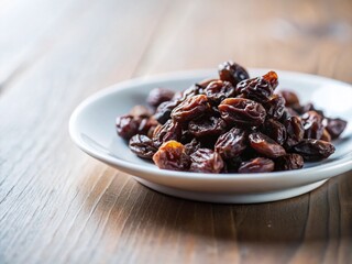 Obraz premium Simple Elegance A Small White Plate of Raisins Minimalist Food Photography