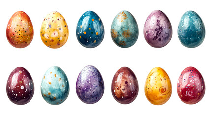 Watercolor Easter eggs of different colors, cut out transparent